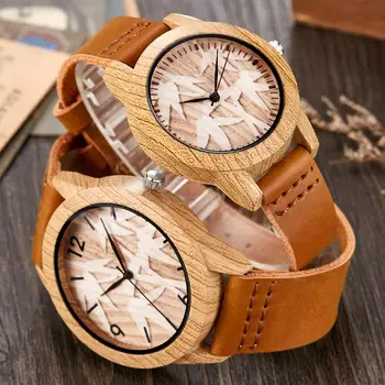 Reloj de madera de bambú para hombre y mujer, cronógrafo minimalista de imitación de cuarzo, pulsera de cuero marrón suave, creativo