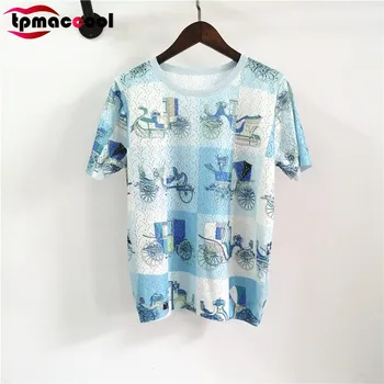 

Tpmaccool luxury designer 2020 Summer women High Quality short sleeve shirts Carriage Print Contrast hollow out knitted t shirt