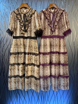 

2020 Early Spring New Women's Neckline Lace mu er bian Mosaic Decoration Snake-Short-Sleeve Dress 409