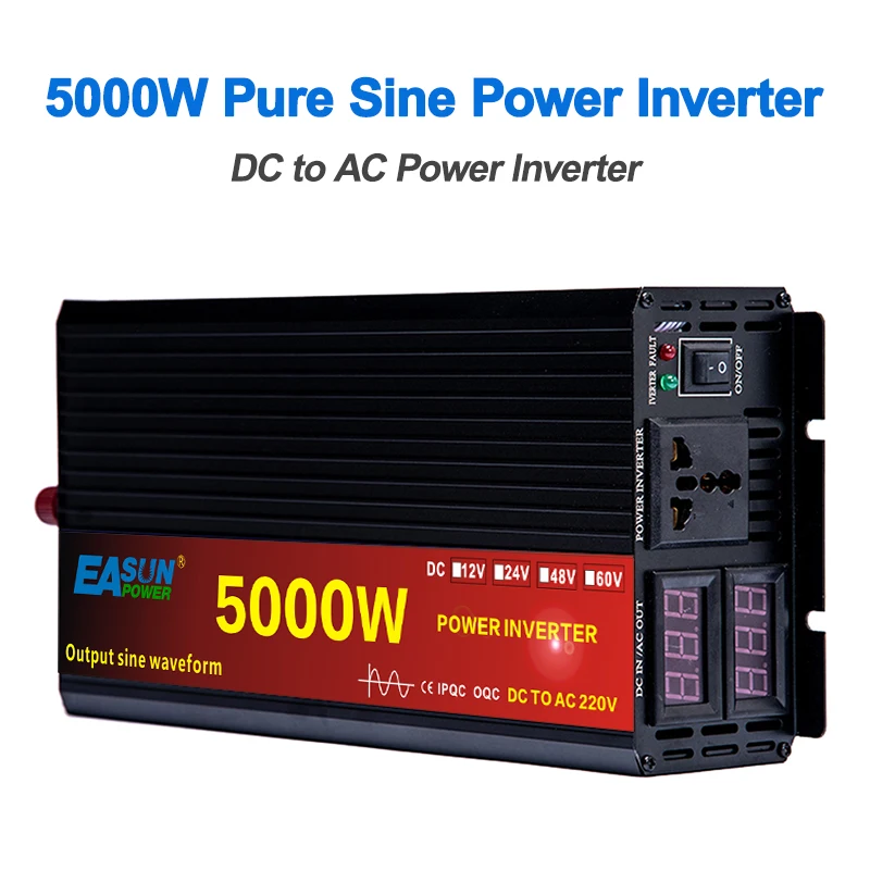 Solar Power Inverter 5000W LED 12V/24V DC to 110V/220V AC Sine Wave Converter