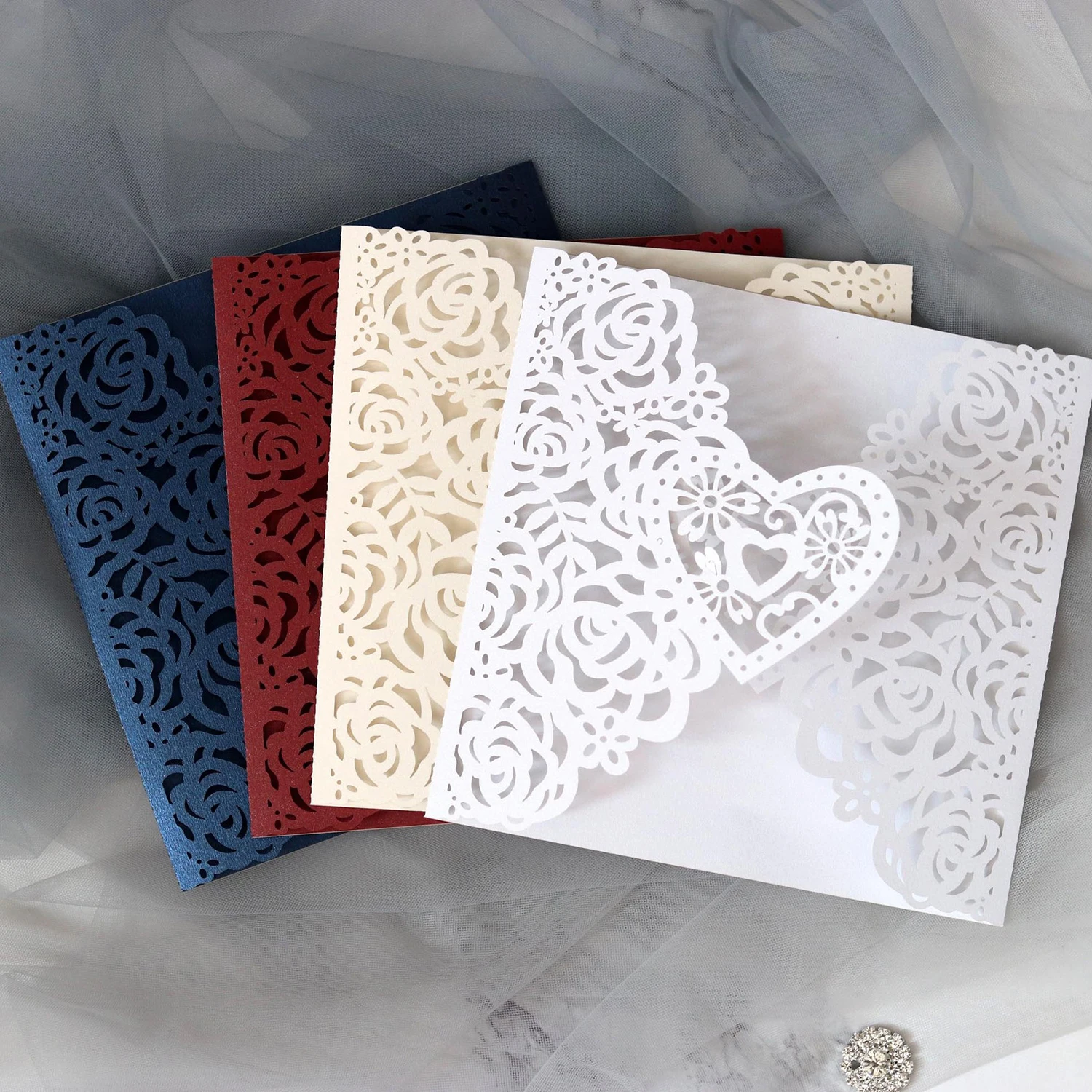  10pcs Laser Hollow Rose Flower Pattern Three-dimensional Love Tri-Fold Wedding Invitation Rose Love - 4000493471834