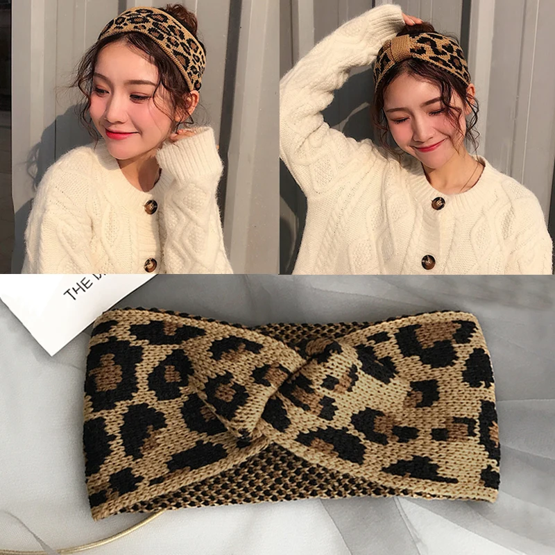 

2019 New Fashion Winter Warmer Knitted Headbands For Women Leopard Bowknot Turban Crochet Wide Chic Hair Styling Accessories