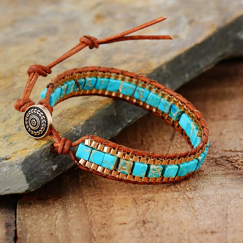 Turquoise Stones Gold Chain Woven Wrap Bracelet Bohemian - Image 3