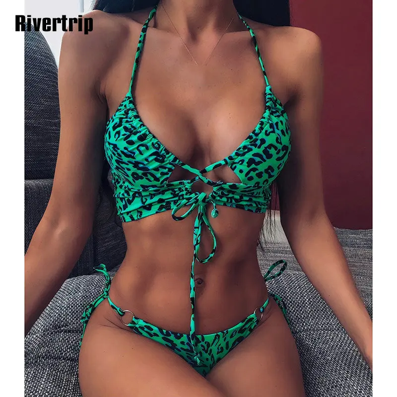 

Sexy Leopard Bikini Push Up Swimisuit Halter Swimwear Women High Cut Bathing Suit Tie-waist Beach Wear 2020 New Knotted Biquini