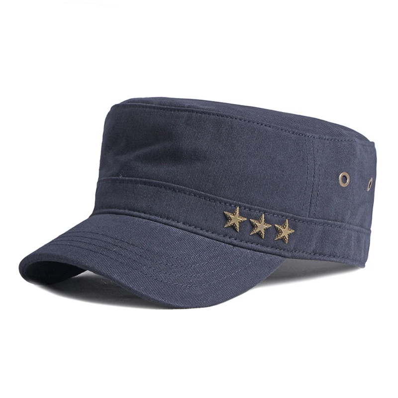 

Casual Flat Top Army Caps For Men High Quality Cotton Military Hats Women Solid Black Sun Hat Five-Pointed Star Decoration Visor