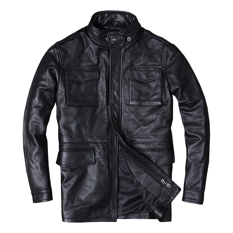 Черная мужская кожаная куртка M65, большой размер 5XL, Натуральная Воловья кожа, русский стиль, сафари, кожаная куртка - Цвет: Black