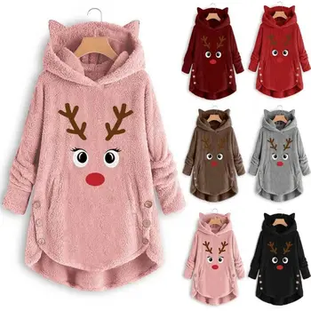 

Woman's Christmas Sleep Tops Cartoon Reindeer Hooded Fluffy Fur Jumper Xmas Family friends meet theme pajamas