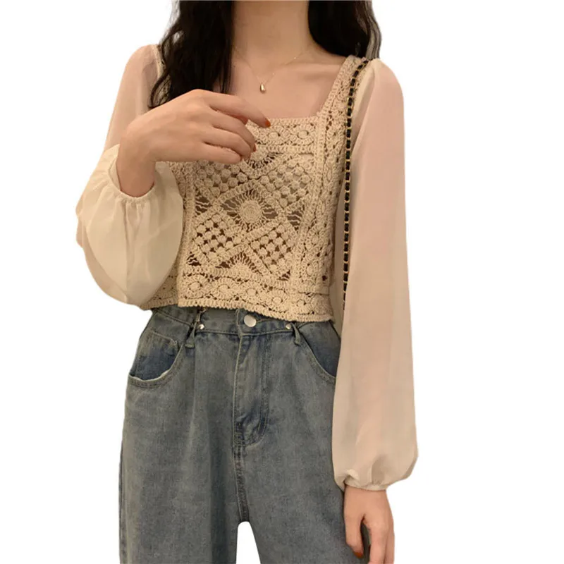 

Women Long Sleeve Cropped Shirt Fashion Loose Pullover Chiffon Patchwork Tops Casual Knitting Puff Sleeve Square Neck Clothes
