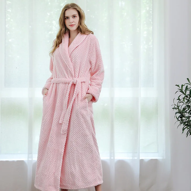 Мужской зимний длинный банный халат фланель, коралл, флис, длина по щиколотку, пижамы для влюбленных, кимоно, Однотонная ночная рубашка ночная сорочка, платье - Цвет: pink for women