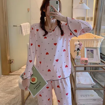 

2020 Lovely Sweet Milk Silk Sleepwear Set Autumn Cute Cartoon Print Long Sleeve Pajama Set Cotton Top Long Pants Hot Sale Y6