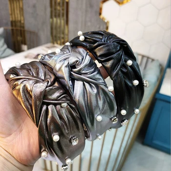 

Fashion Women Hairband Wide Side Pu Leather Hair Band Pearls Rhinestone Headband Adult Top Quality Hair Accessories Wholesale