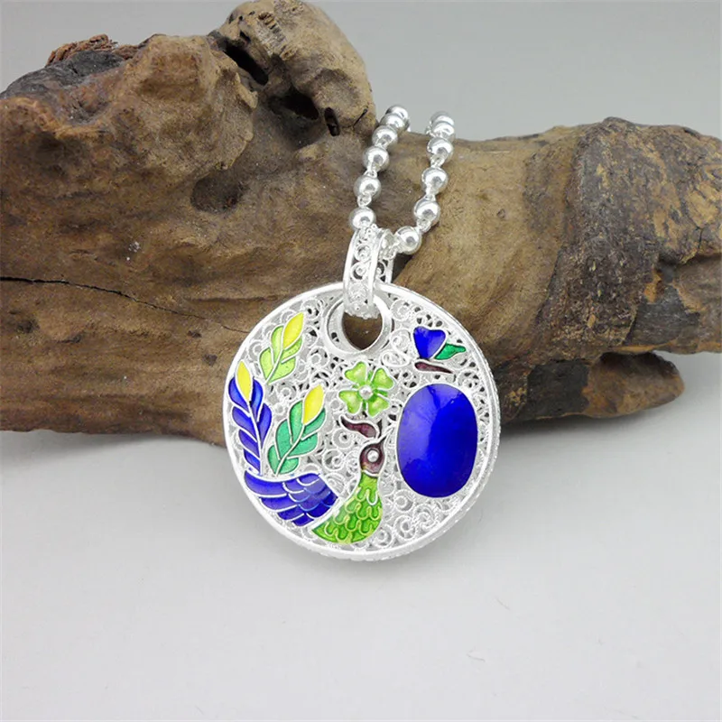 

Big Round Peacock 999 Sterling Silver Pendant Wicca Necklace Women Blue Cloisonne Enamel Pendants Handmade Luxury Jewelry Ethnic
