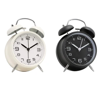 

4 inch Twin Bell Alarm Clock Metal Frame 3D Dial with Backlight Function Desk Table Clock for Home & Office black