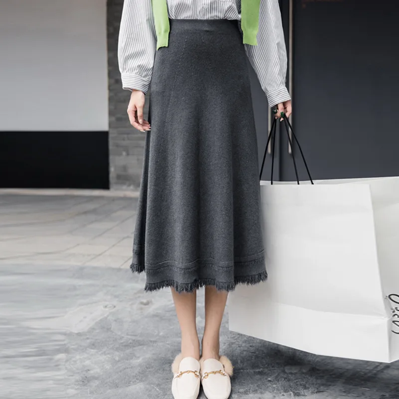 

Large Women's High Waist Skirts A Line Elegant Casual Knitted Skirts Autumn Winter Thick Warm Ribbed Mid-Long Skirt Black Grey
