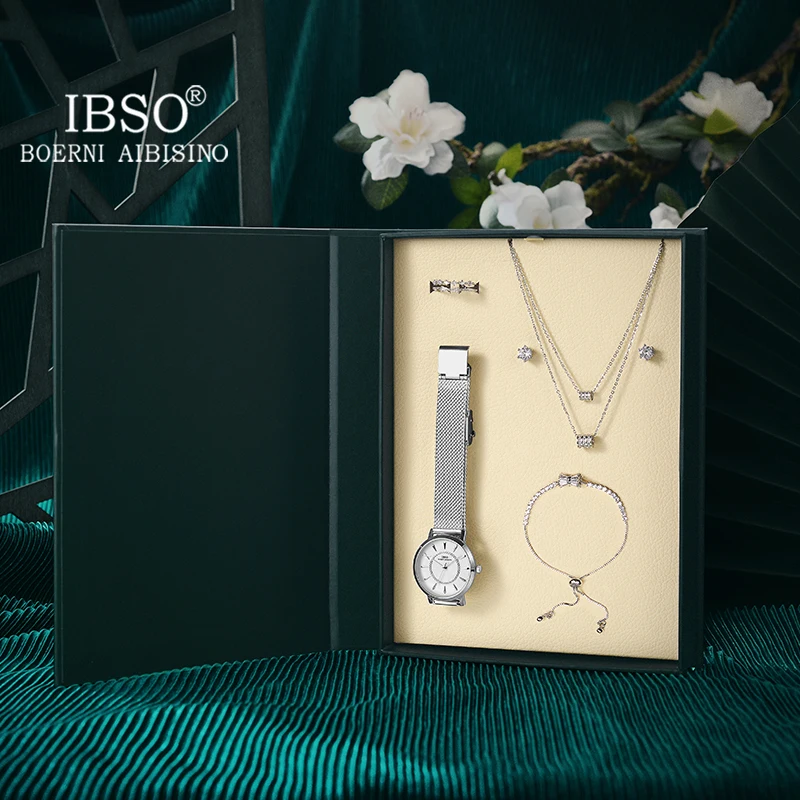 IBSO Silver Retro Watch Set Gift For Women Brand New United Copper Jewelry Japanese Movement Water Resistant Watch Ladies 2021