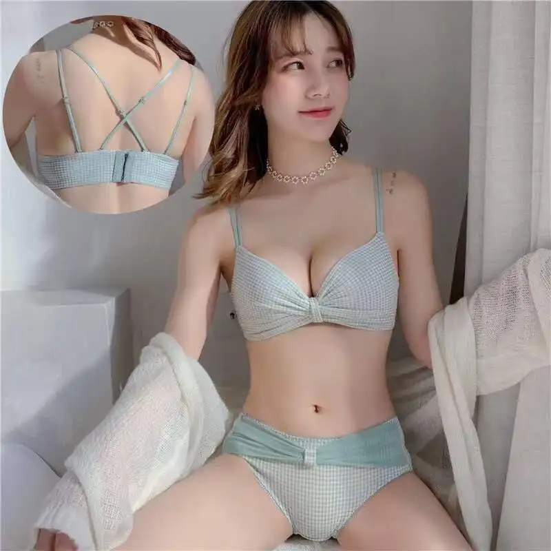 sheer bra and panty sets Japanese Students High School Seamless Underwear Female Small Chest Gathered Summer Beautiful Back Thin Cross Black Bra Set bra and knicker sets cheap