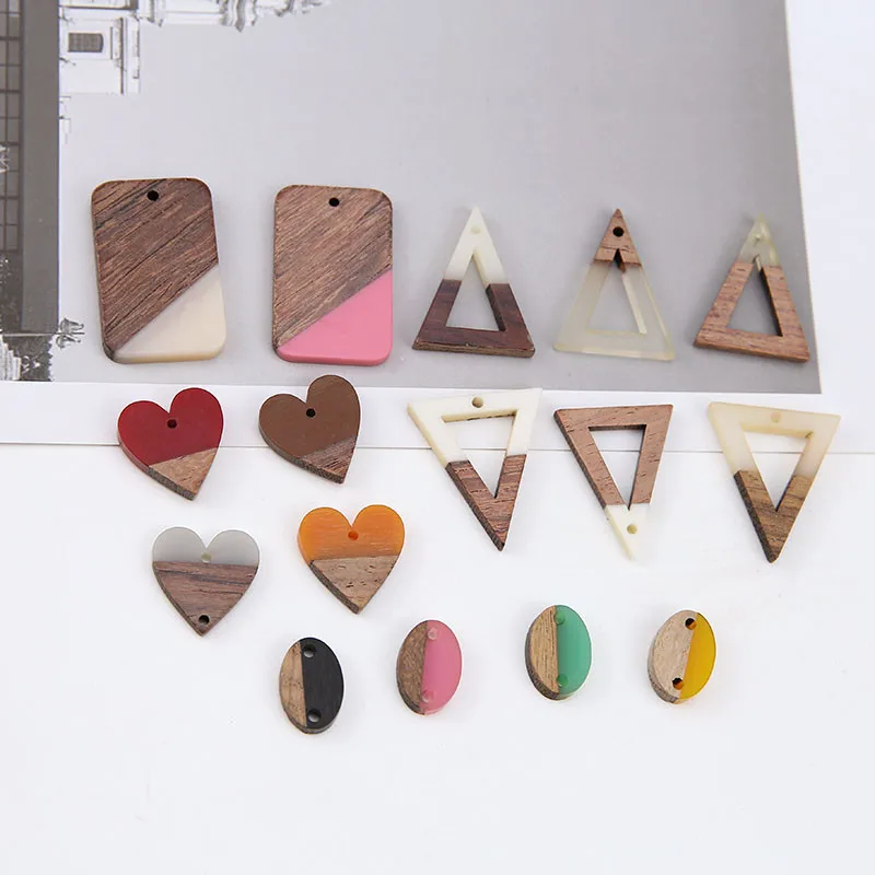 

6pc 2019 hot sale jewellery simple splicing wood and resin triangle heart-shaped oval pendant geometric earrings diy accessories