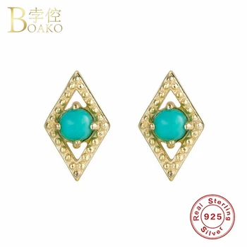 

925 Sterling Silver Cartilage Stud Earring For Girls Woman Vintage Retro Turquoise Piercing Pendientes Fine Earring Jewelry