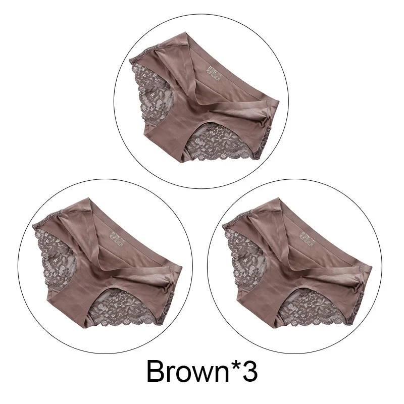 3 шт./партия, шелковые сексуальные кружевные трусики, женские бесшовные трусики, нижнее белье с низкой посадкой, женское Прозрачное нижнее белье, юбка-брюки - Цвет: Brown-3