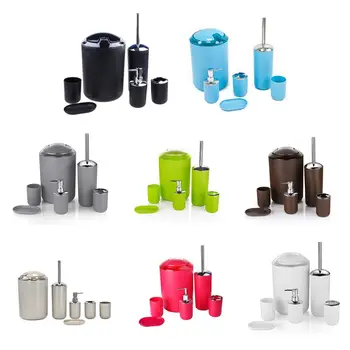 

Six-piece bathroom accessory set, toothbrush holder, tooth cup, soap dispenser, soap box, toilet brush and trash can