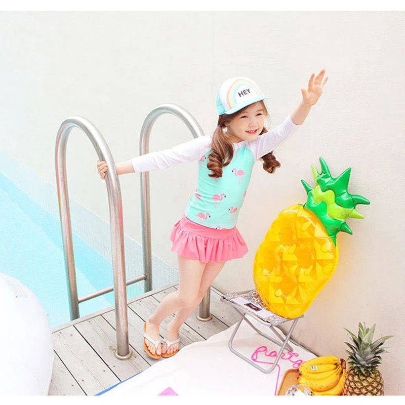 Купальник из двух предметов для девочек, купальный костюм с длинными рукавами для девочек 2-11 лет, детские купальники, милая пляжная одежда с сердцем, CZ998 - Цвет: Green Flamingo