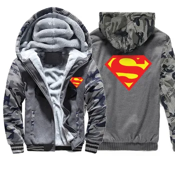 

Superman Logo Print Hoodies Men 2019 Winter Thick Camouflage Hooded Zipper Warm Jackets Hip Hop Streetwear Superhero Tracksuit