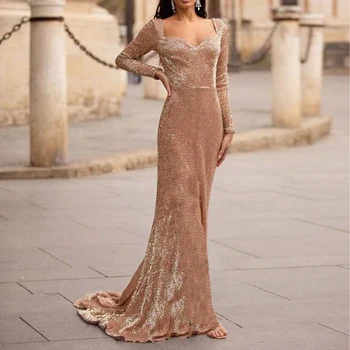 

Sweet Heart Full Sleeve Stretchy Sequined Maxi Dress Mermaid Long Evening Party Dress Gown