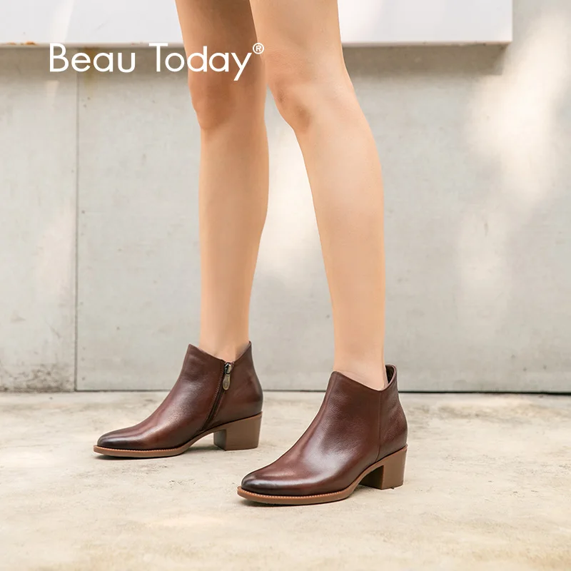 

BeauToday Women Ankle Boots Genuine Cow Leather Waxing Round Toe Zipper Autumn Winter Lady Boots Handmade Shoes 03823