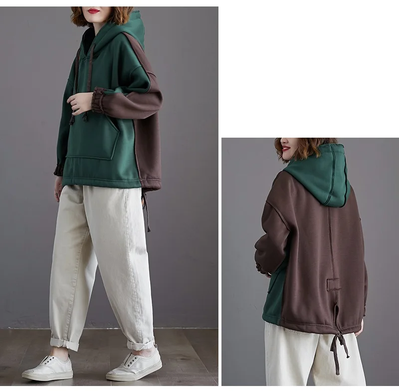 New Plus Size Autumn Winter Women Hoodies Fashion Vestidos Casual Loose Patchwork Hooded Sweatshirt For Women Larger Hoodies