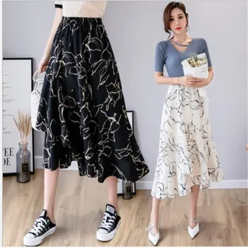 

Print Chiffon Women Skirt Spring Summer High Waist Ruffles Skirt Femme 2020 High Elastic Waist Skirt Lady Beach Style M439