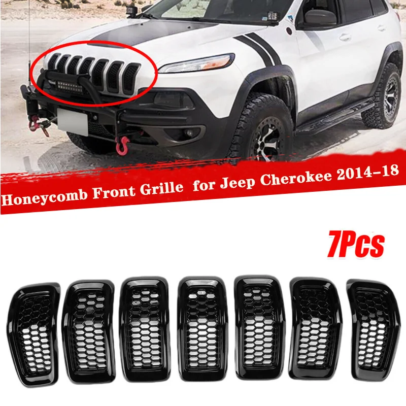 

Pack of 7 Glossy Black Mesh Honeycomb Front Grill Inserts Chrome Grille Rings Trim For Jeep Cherokee 2014-2018