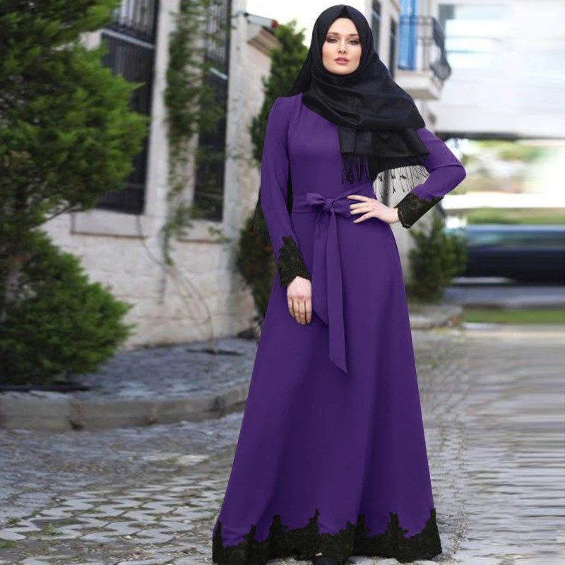 OTEN Moslemisches Abaya Frauen Kleid 2020 однотонное платье с поясом и кружевной каймой