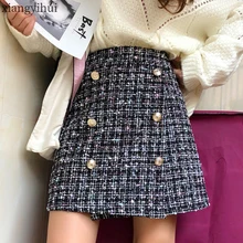 Модная зимняя женская твидовая юбка двубортная с высокой талией трапециевидная юбка Высокое качество корейский стиль Короткие шерстяные юбки M-4XL