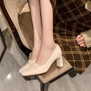 

Spring and Autumn 2020 new vintage chunghigh-heel single shoes versatile leather single shoes fashion square women's shoes X526