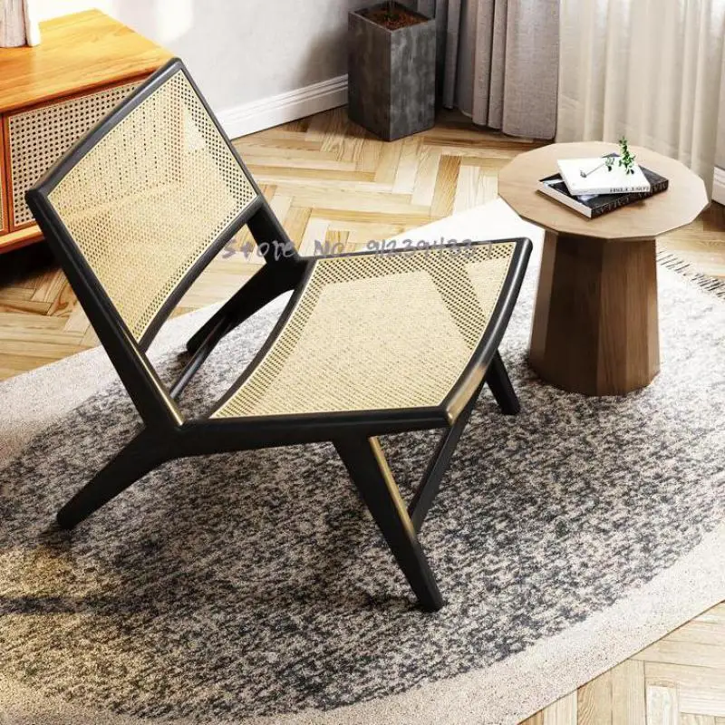 Nordic solid wood rattan sofa chair balcony living room leisure lazy chair homestay recliner