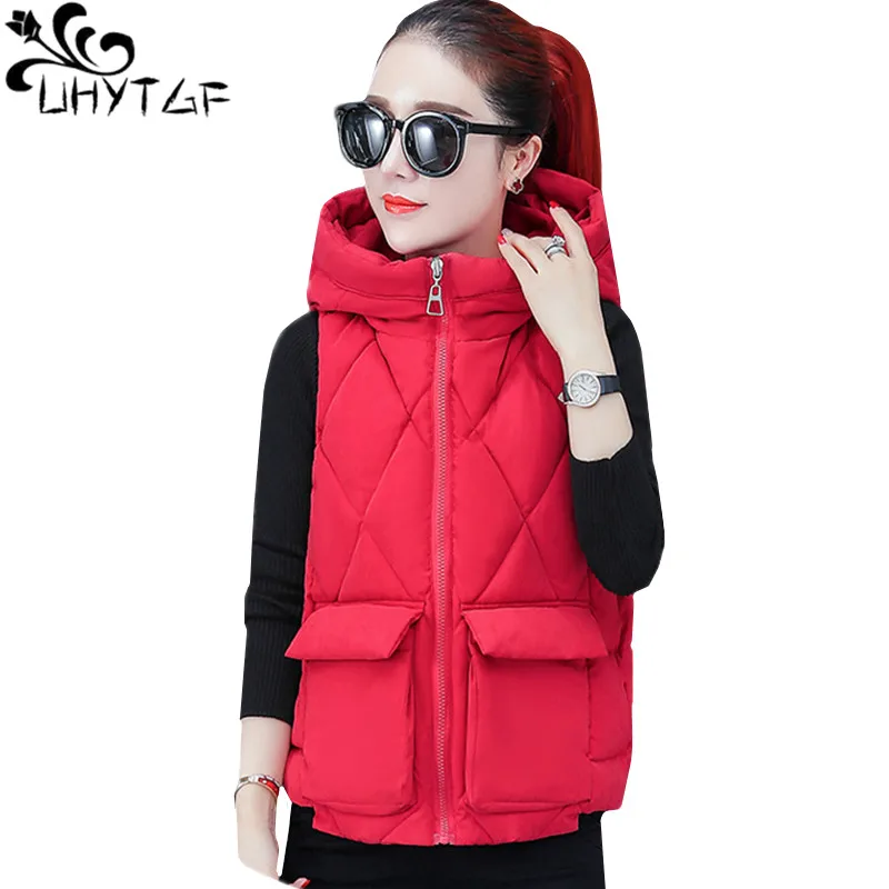 

UHYTGF Down cotton autumn winter vest women fashion hooded sleeveless warm vests Female Slim elegant 3XL plus size waistcoat 855