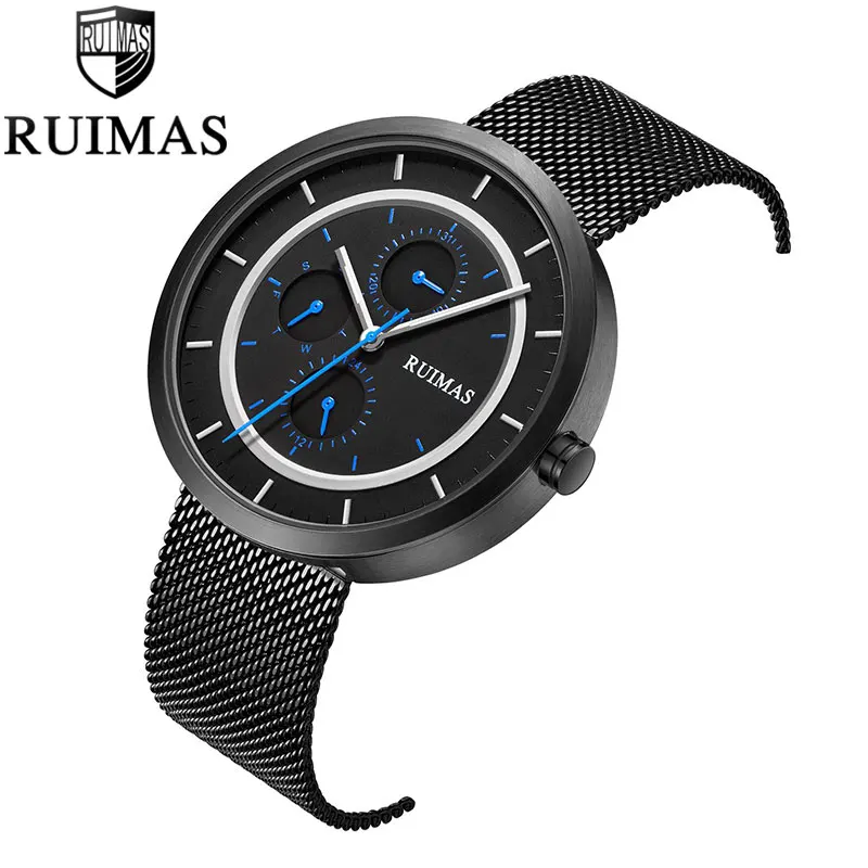 

Mens Watches Brand Luxury RUIMAS Quartz Watch Mesh Steel Strap Gentlemen Wristwatch Chronograph Male Clock Relogio Masculino