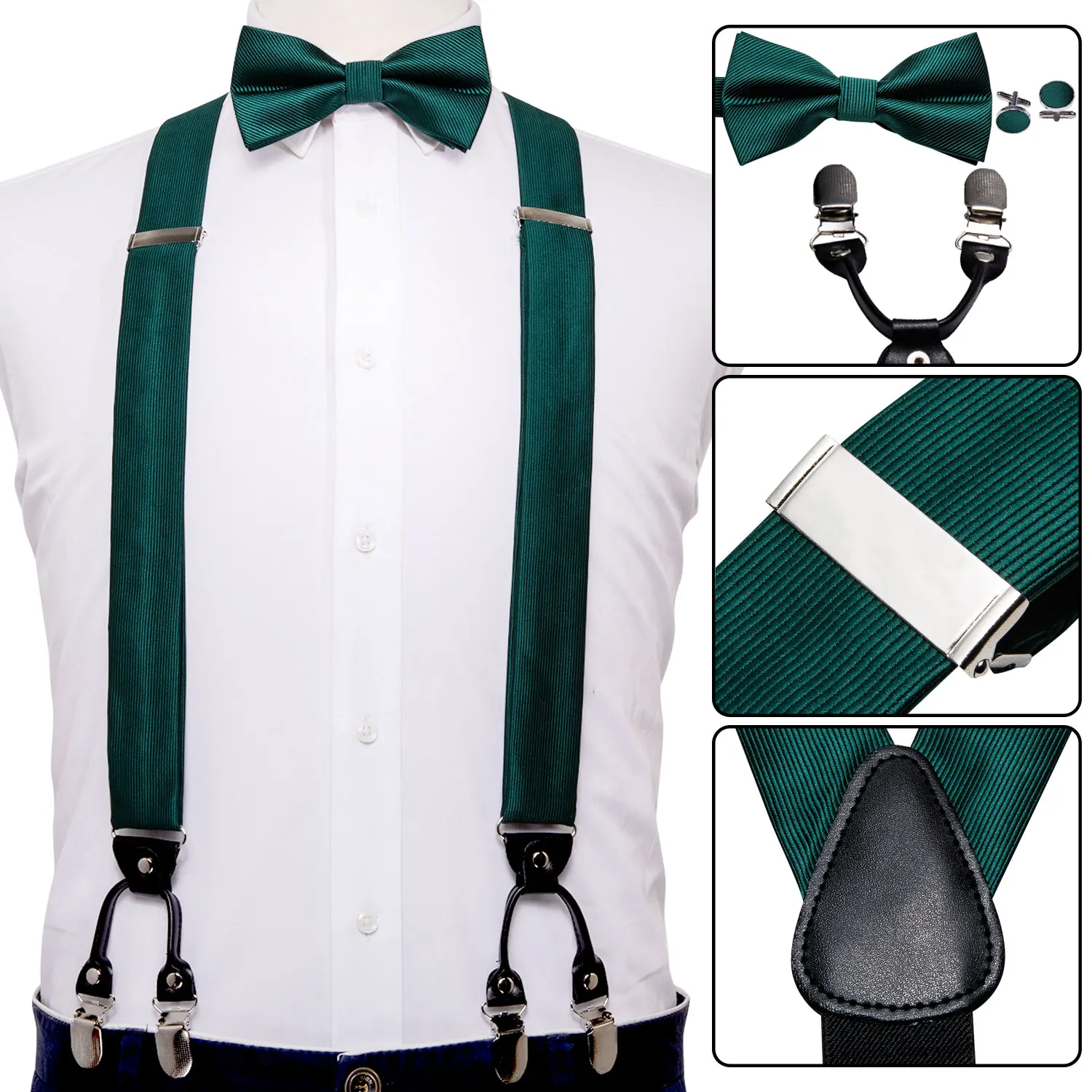 Мужской комплект на подтяжках, однотонный зеленый шелковый галстук-бабочка, запонки, кожаный пояс, Эластичные Свадебные подтяжки, галстук-бабочка, Рождественский Barry.Wang