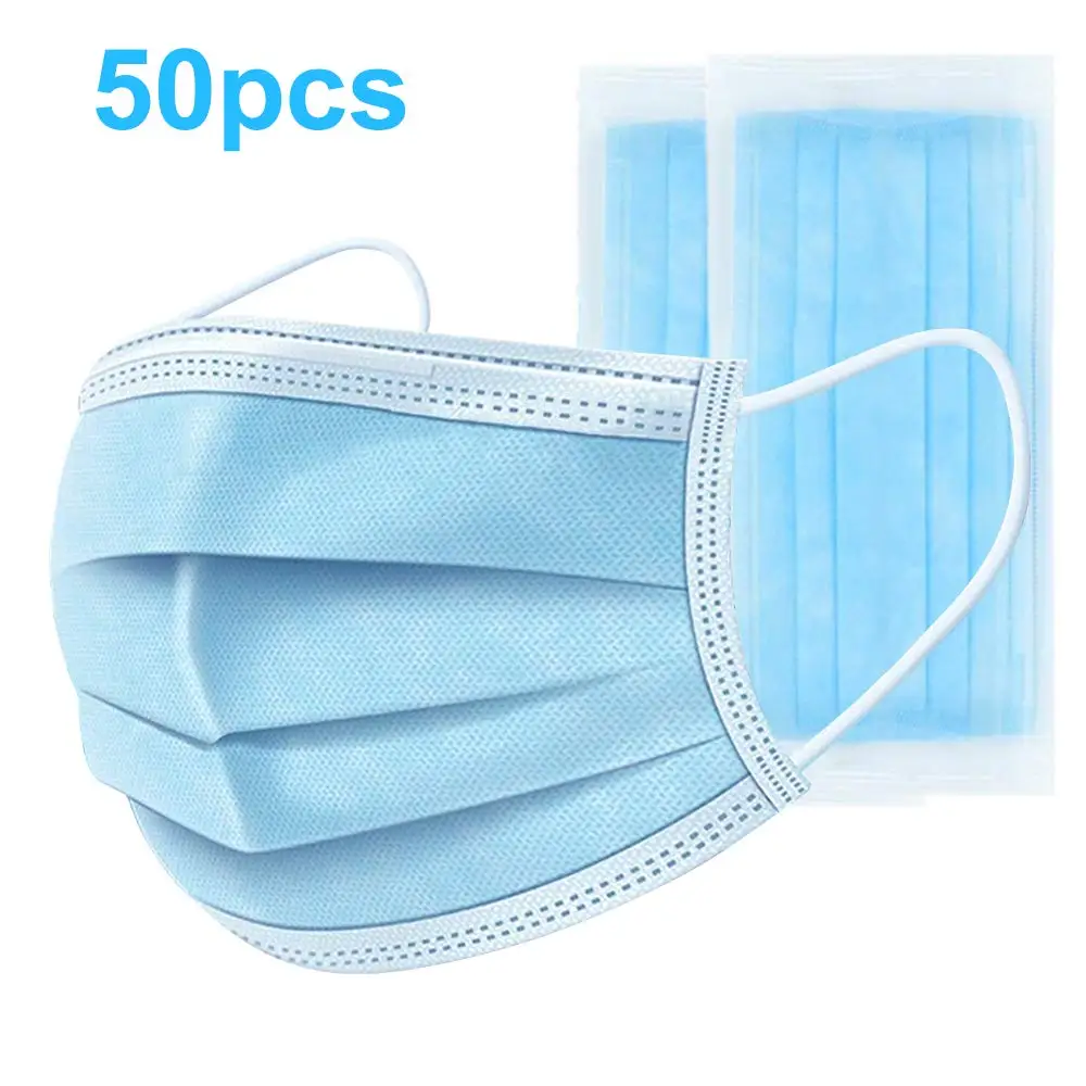 

50pcs Disposable Face Masks with Elastic Ear Loop 3-layers Breathable and Comfortable for Blocking Dust Air Pollution Protection