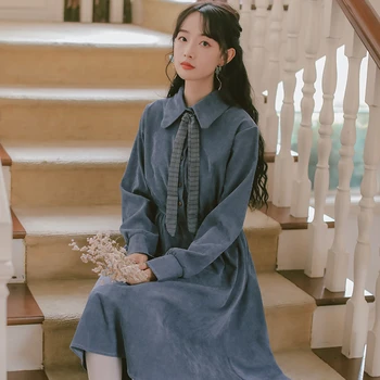 

2020 New Long Sleeve Plus Cotton Solid Color Bow Collar Women's Autumn women elegant Dress vintage robe femme