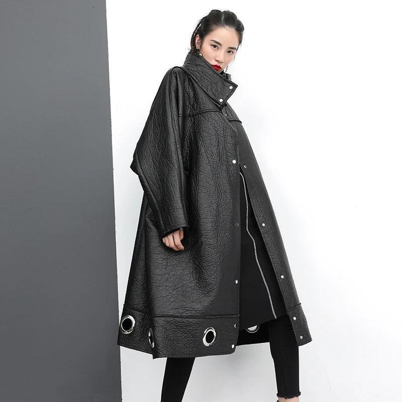 TWOTWINSTYLE Hollow Out PU Leather Lace Up Womens Coats Stand Collar Batwing Sleeve Coat Female Autumn Oversize Fashion New