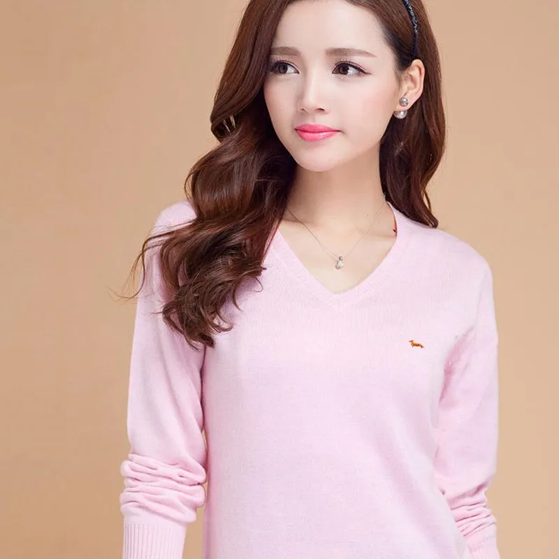Suéter de algodón con manga larga y cuello en V para mujer, jersey de manga larga, suave y transpirable con bordado blaine, 2020