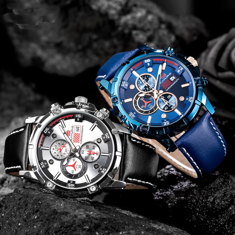 

AliExpress Waterproof Leather Belt Sports Calendar Casual Three-Eyed with Numbers Measuring Quartz Watch MEN'S Watch