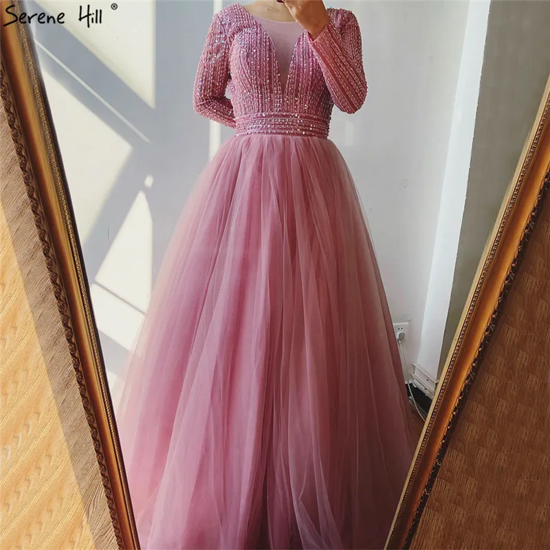 Dubai Pink V-Neck Lace Up Prom Dresses 2020 Long Sleeves Sequins Beading A-Line Long Prom Gowns Serene Hill BLA70237