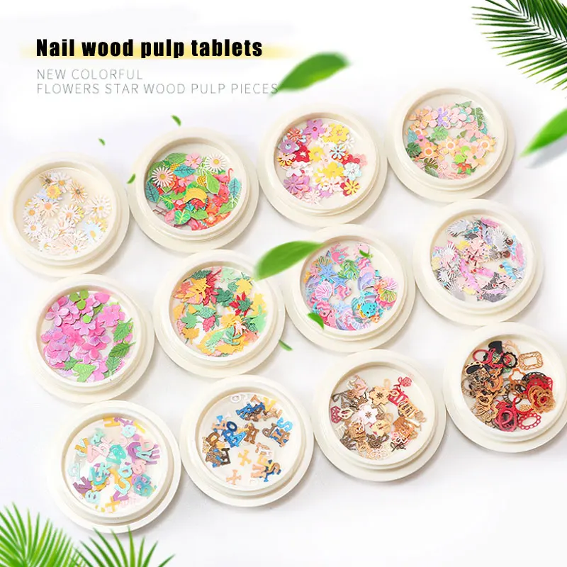 

Boxed nail art color flowers/crown wood pulp nail accessories 12 styles animal letters mixed nail decoration girl nail supplies