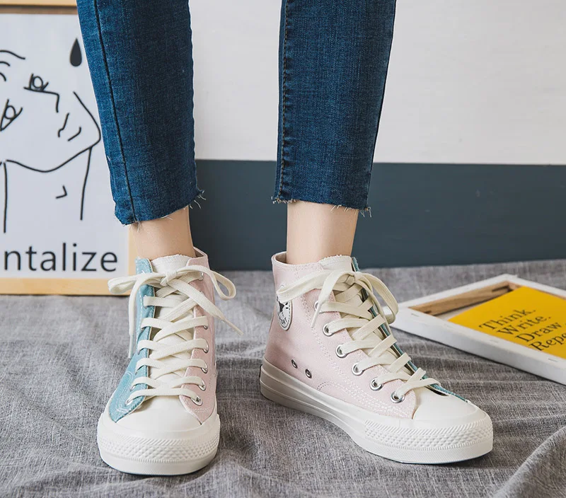 Fashion Shoes Woman Summer New Fashion Women Shoes Casual High Top Patchwork Canvas Women Casual Shoes Mixed Color Sneakers