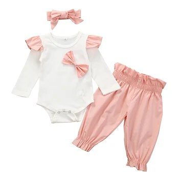 

Baby Girl Clothes Long Sleeve Bowknot Design Romper Tops Trousers Headband Outfits Clothes