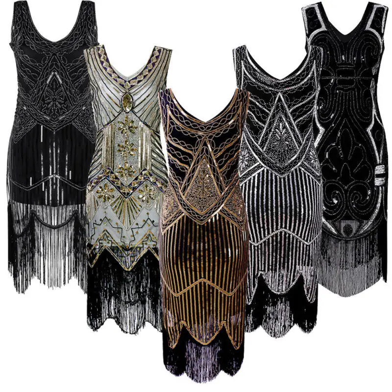 

2019 Newest Women's 1920s Vintage Sequin Full Fringed Deco Inspired Flapper Dress Roaring 20s Great Gatsby Dress Vestidos