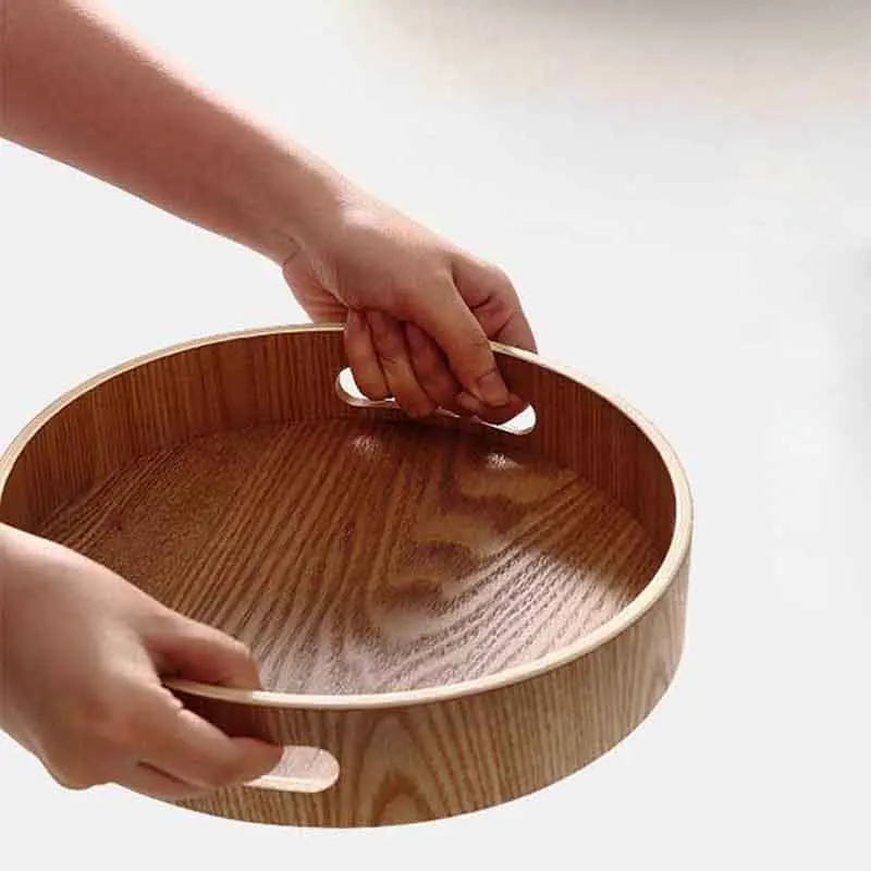 Круглый сервировочный бамбуковый деревянный поднос для лотки для еды чайный бар еда на завтрак контейнер ручка лоток для хранения#2