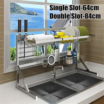 

64/84cm 2019 New 304 Stainless Steel Kitchen Dish Rack U Shape Sink Drain Rack Two layers Kitchen Organizer Shelf Storage Holder